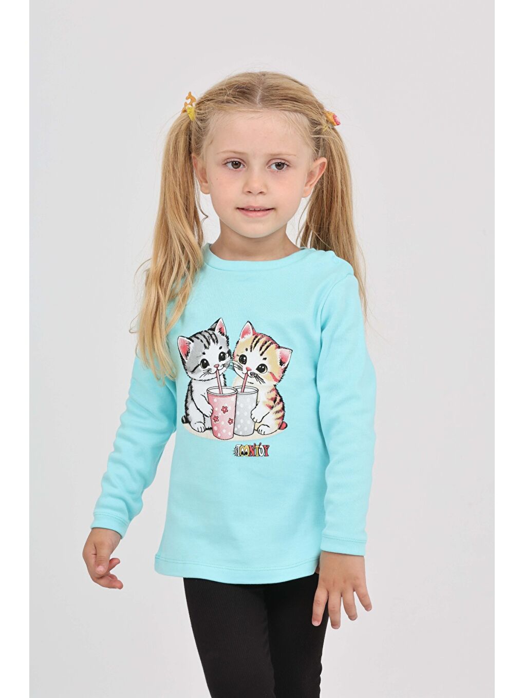 Turkuaz Kız Çocuk İkili Kedi Baskılı Sweatshirt-2