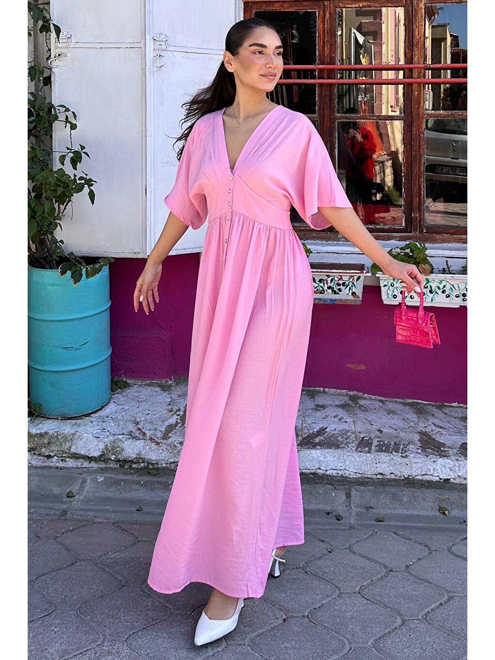 Pembe V Yaka Düğmeli Elbise Mg2339-5