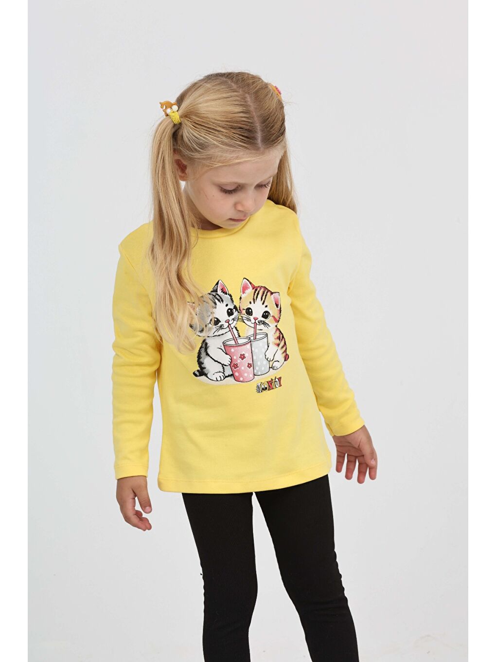 Sarı Kız Çocuk İkili Kedi Baskılı Sweatshirt