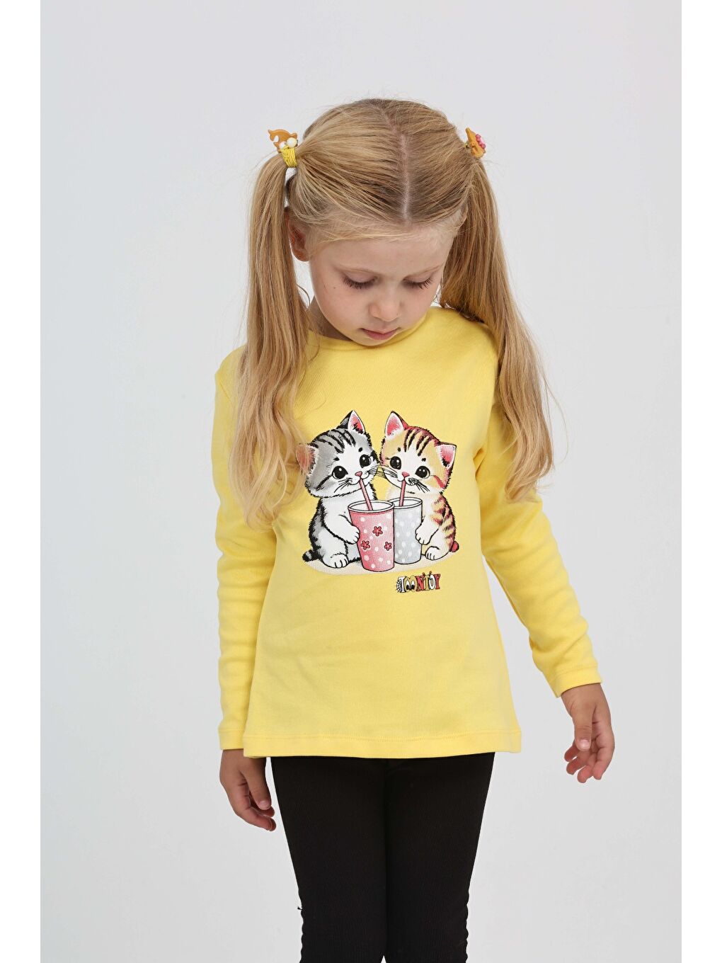 Sarı Kız Çocuk İkili Kedi Baskılı Sweatshirt-1