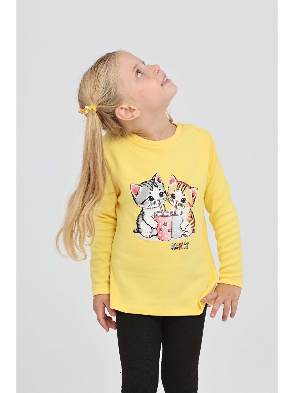 Sarı Kız Çocuk İkili Kedi Baskılı Sweatshirt-2
