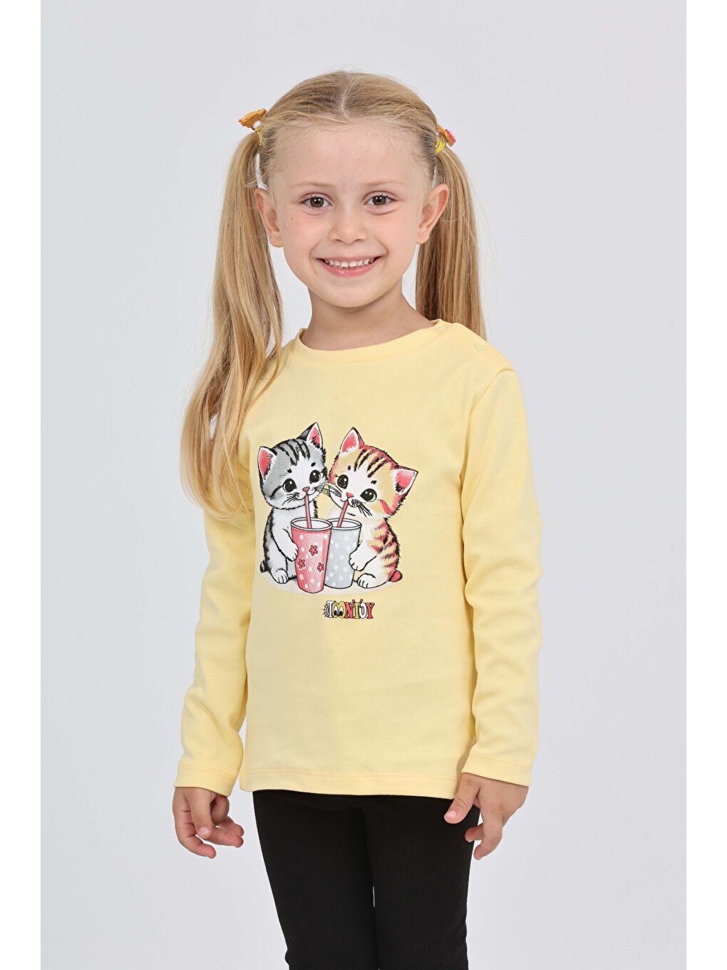 Sarı Kız Çocuk İkili Kedi Baskılı Sweatshirt-3