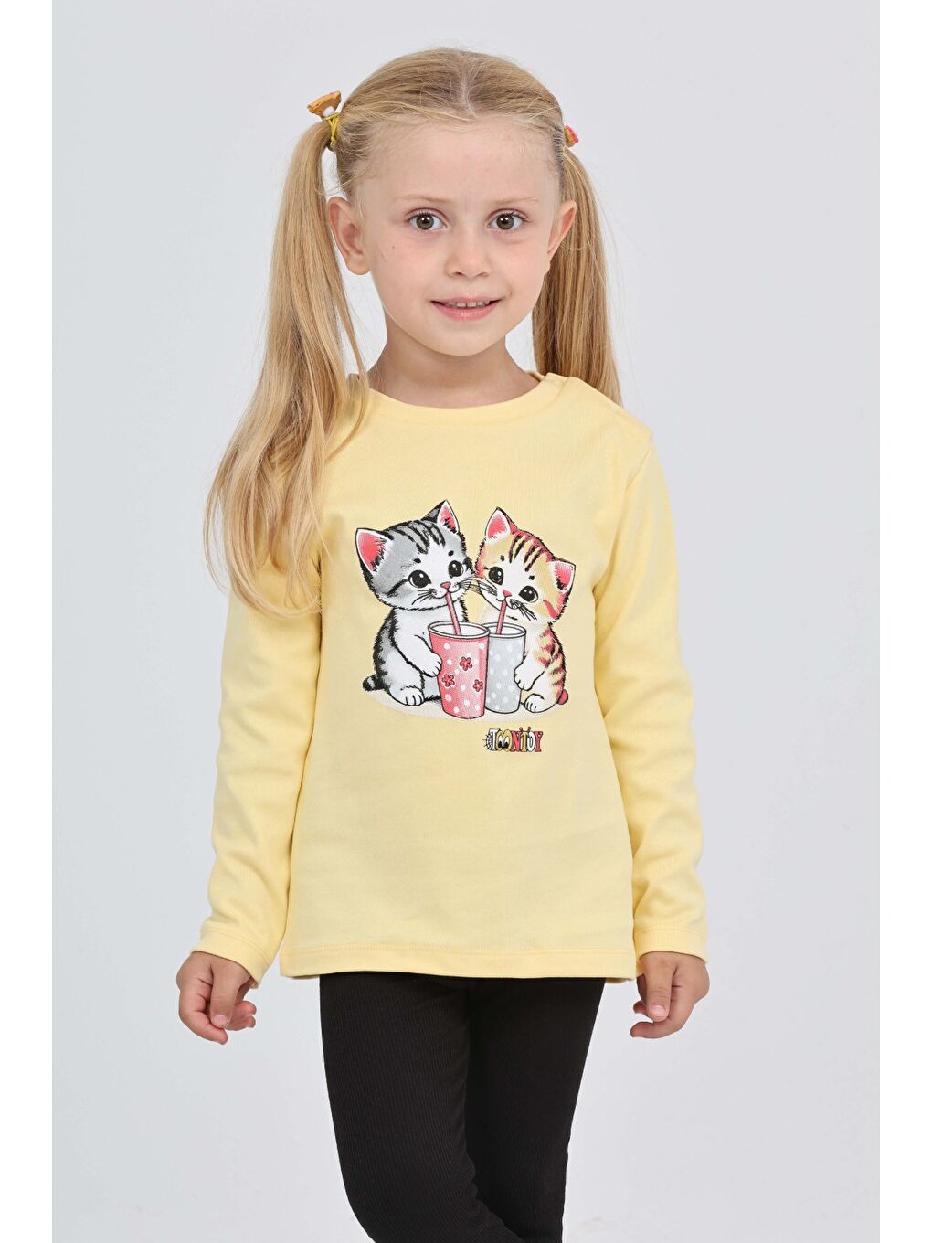 Sarı Kız Çocuk İkili Kedi Baskılı Sweatshirt-4