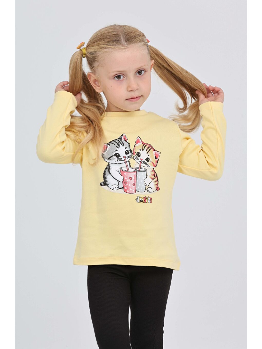 Sarı Kız Çocuk İkili Kedi Baskılı Sweatshirt-5