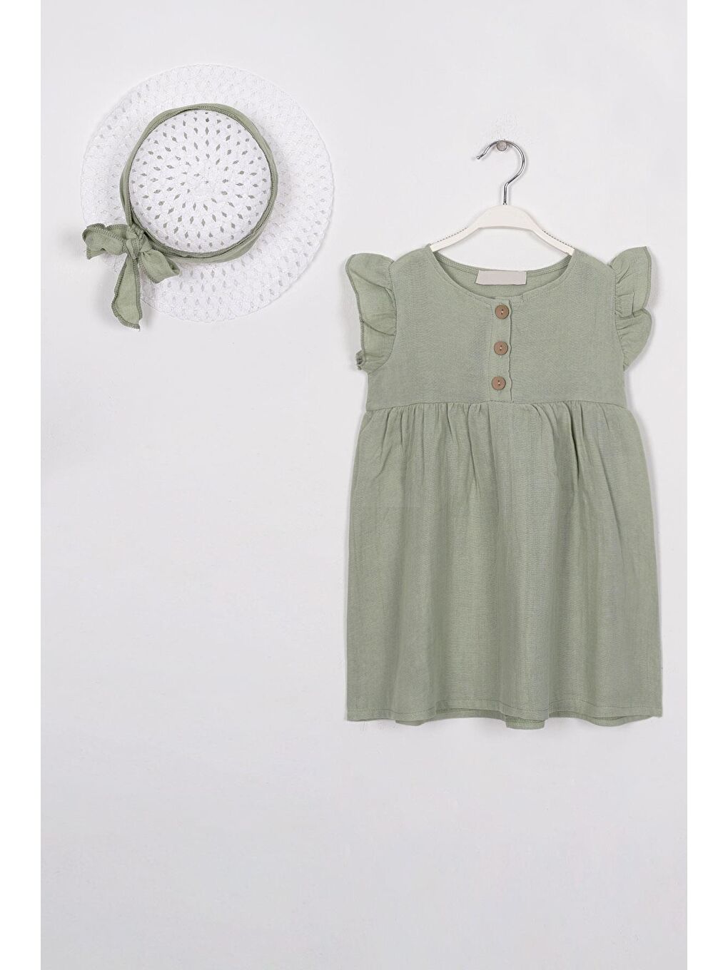 Yeşil Önu Düğmeli Çağla Renk Kız Çocuk Elbise