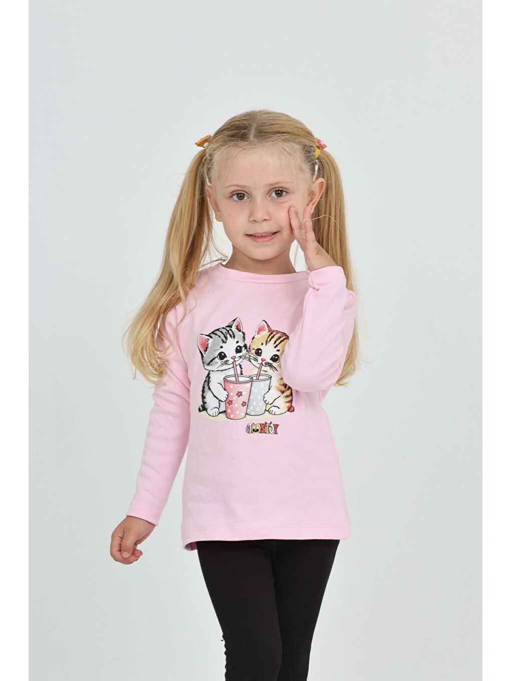 Pembe Kız Çocuk İkili Kedi Baskılı Sweatshirt