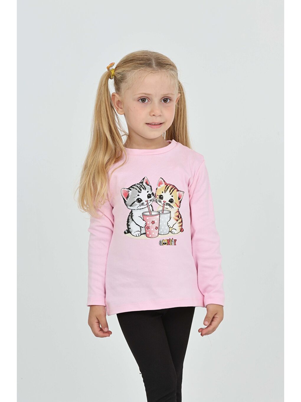 Pembe Kız Çocuk İkili Kedi Baskılı Sweatshirt-1