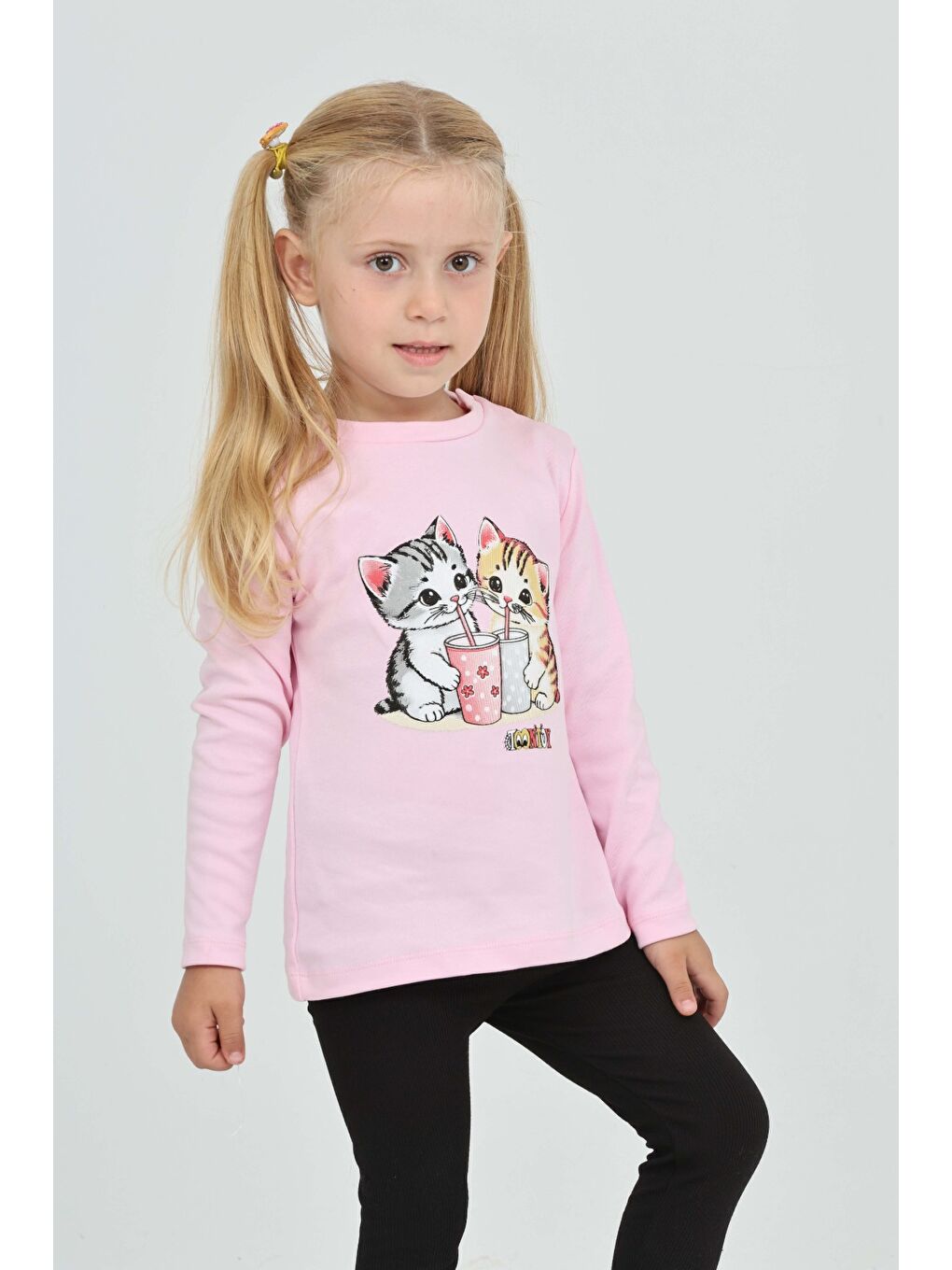 Pembe Kız Çocuk İkili Kedi Baskılı Sweatshirt-2