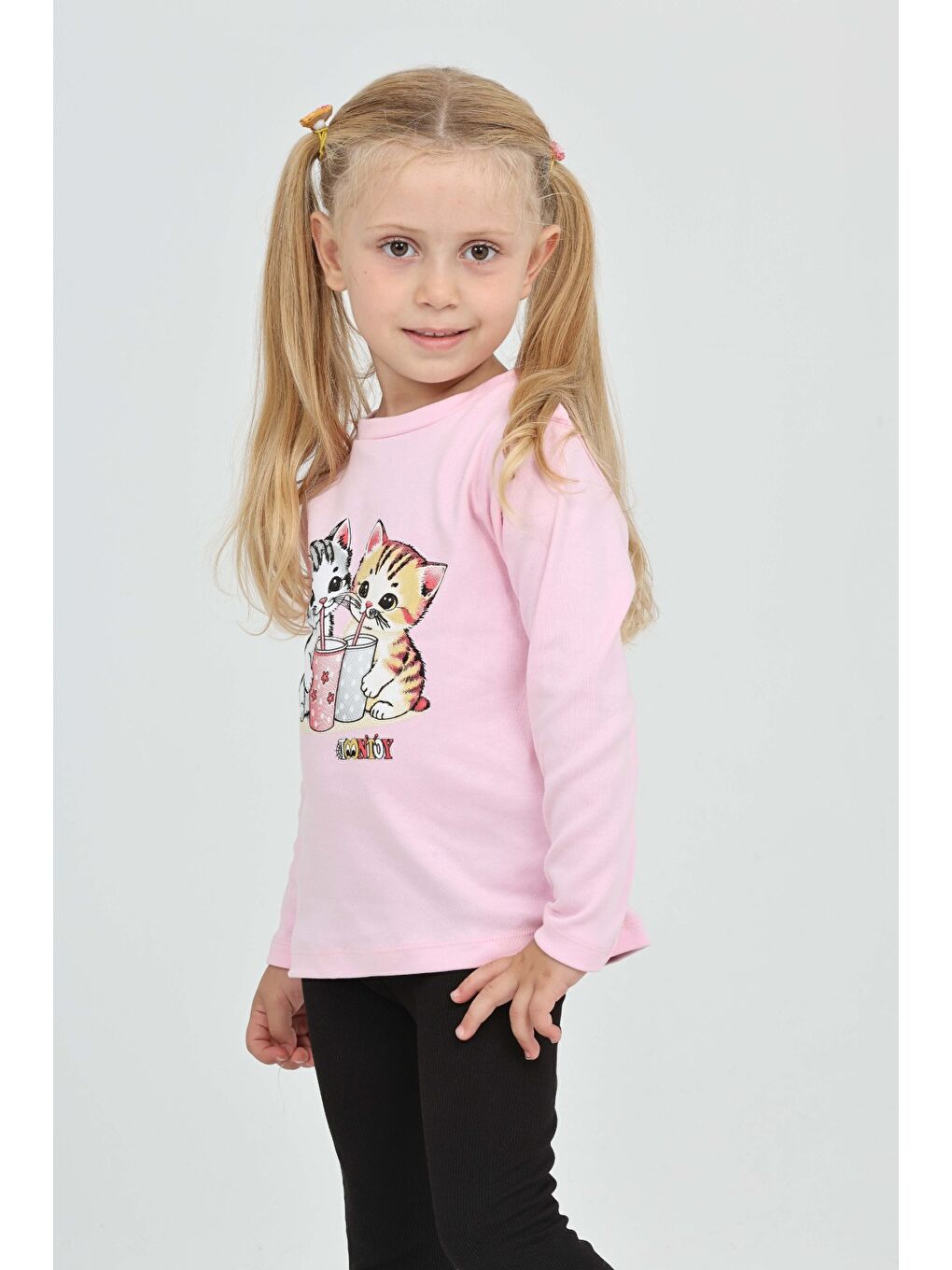 Pembe Kız Çocuk İkili Kedi Baskılı Sweatshirt-3