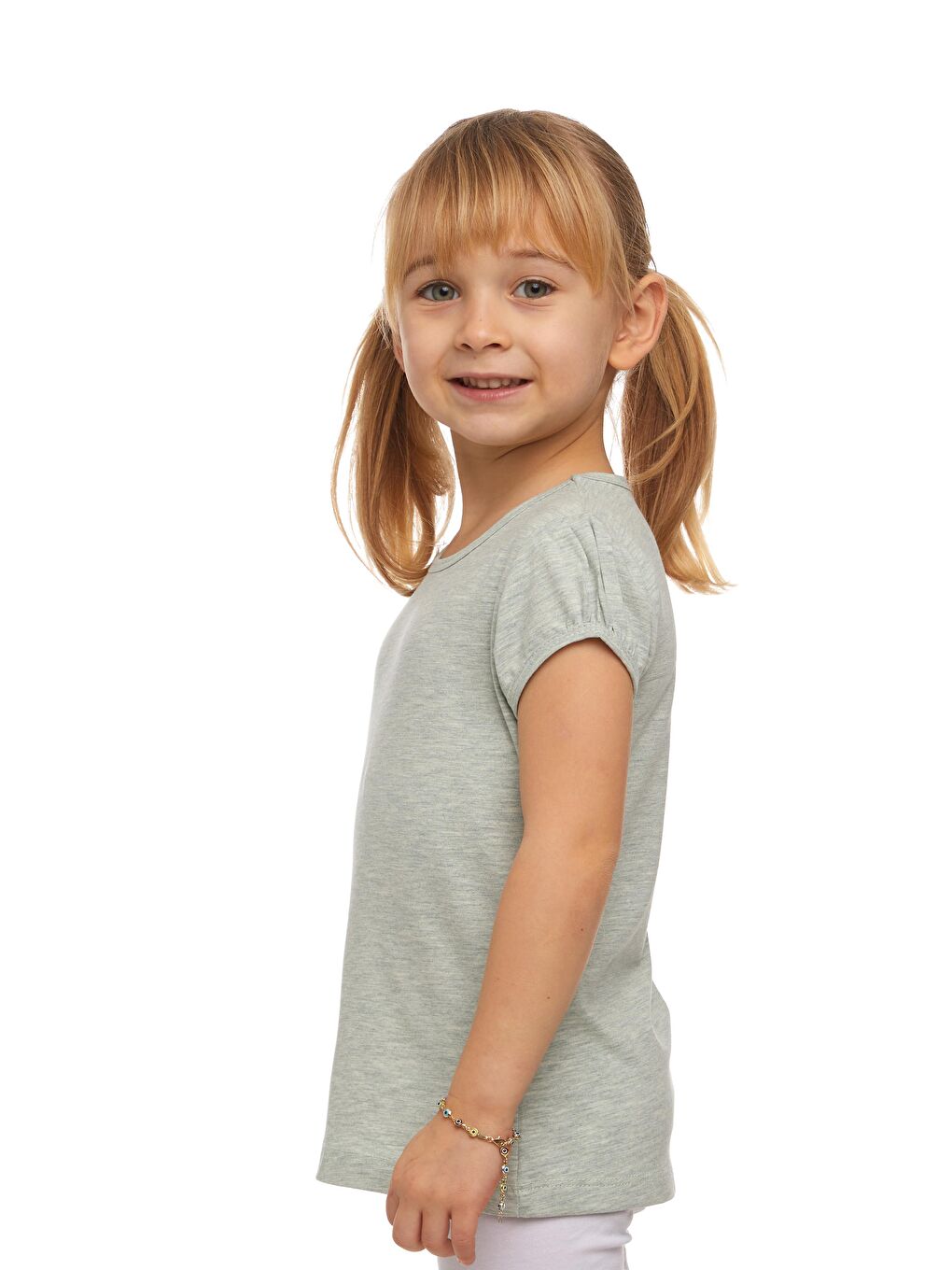 Açık Yeşil Melanj Kız Çocuk Kısa Kollu Basıc Tişört-1