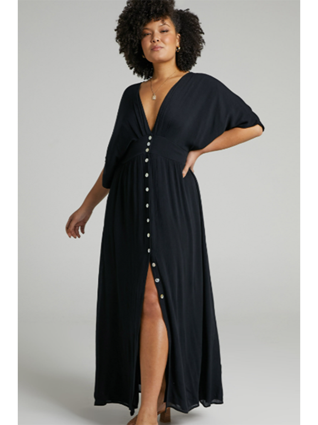 Siyah V Yaka Düğmeli Elbise Mg2339-10