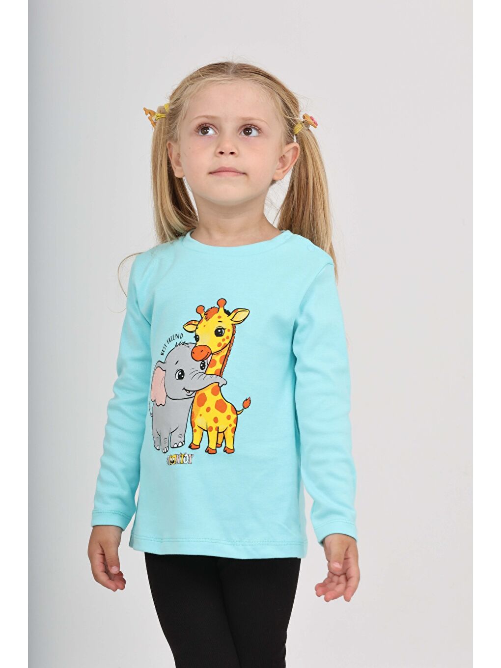 Turkuaz Kız Çocuk Zürafa Fil Baskılı Sweatshirt-1