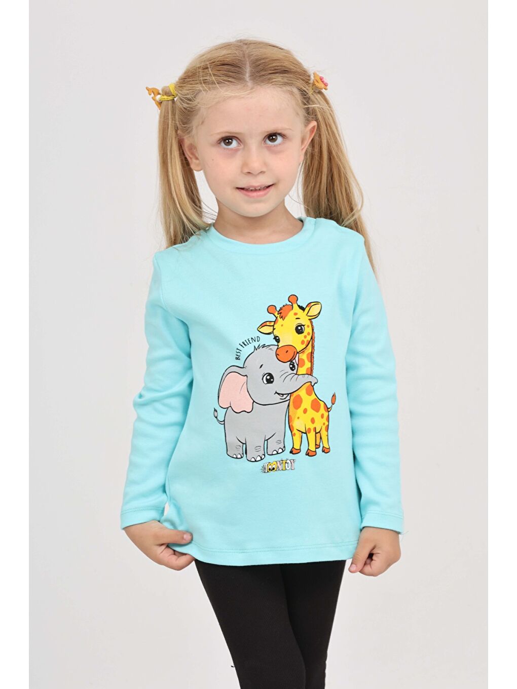 Turkuaz Kız Çocuk Zürafa Fil Baskılı Sweatshirt-2