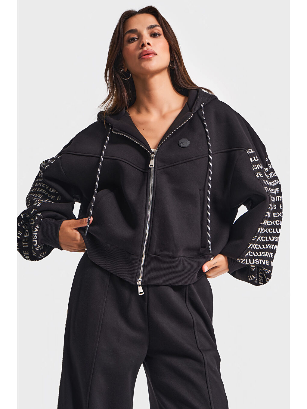 Kadın Siyah Renk w5-1 Örme Kumaş Büstiyer Polar ve Alt Eşofman 3'lü Tasarım Takım-4