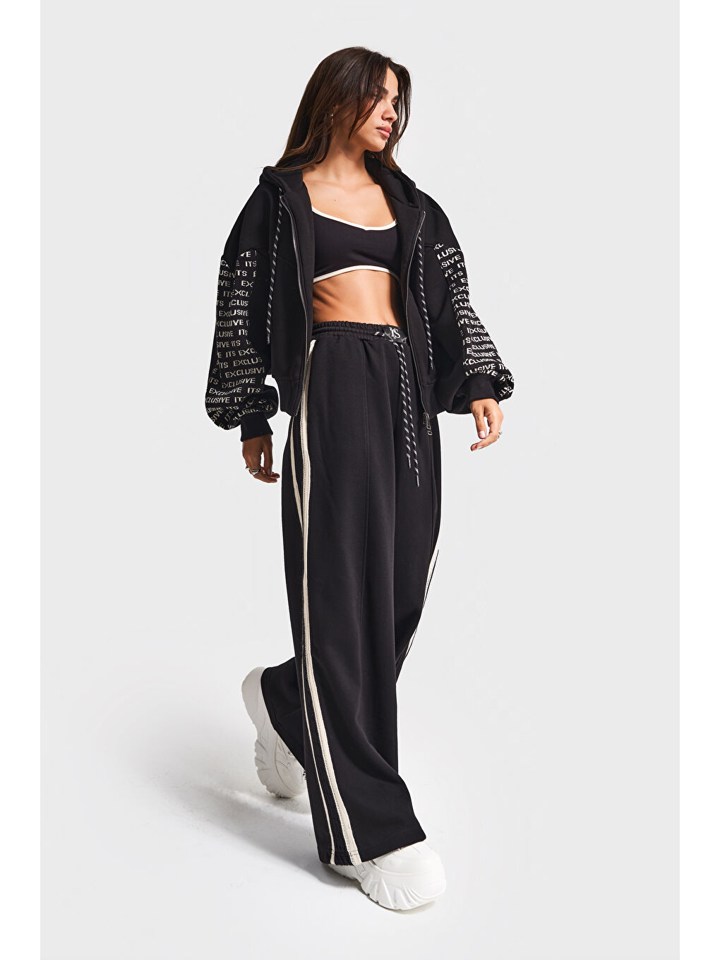 Kadın Siyah Renk w5-1 Örme Kumaş Büstiyer Polar ve Alt Eşofman 3'lü Tasarım Takım