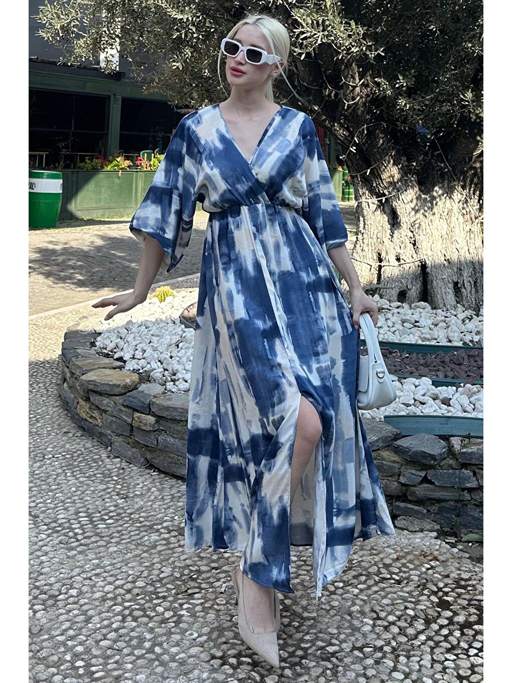 İndigo Desenli Yırtmaç Detaylı Uzun Elbise Mg2323-1