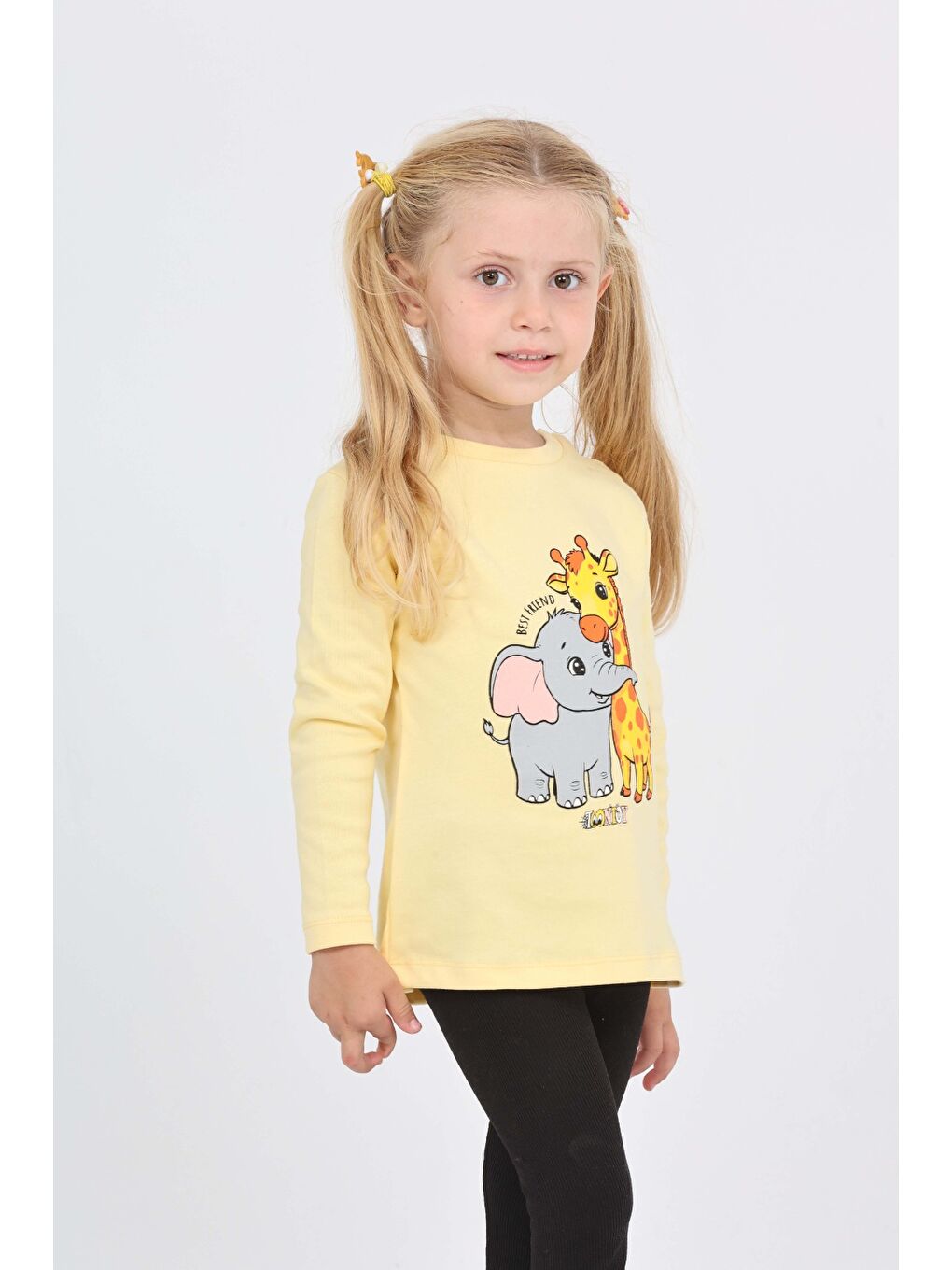 Sarı Kız Çocuk Zürafa Fil Baskılı Sweatshirt-1
