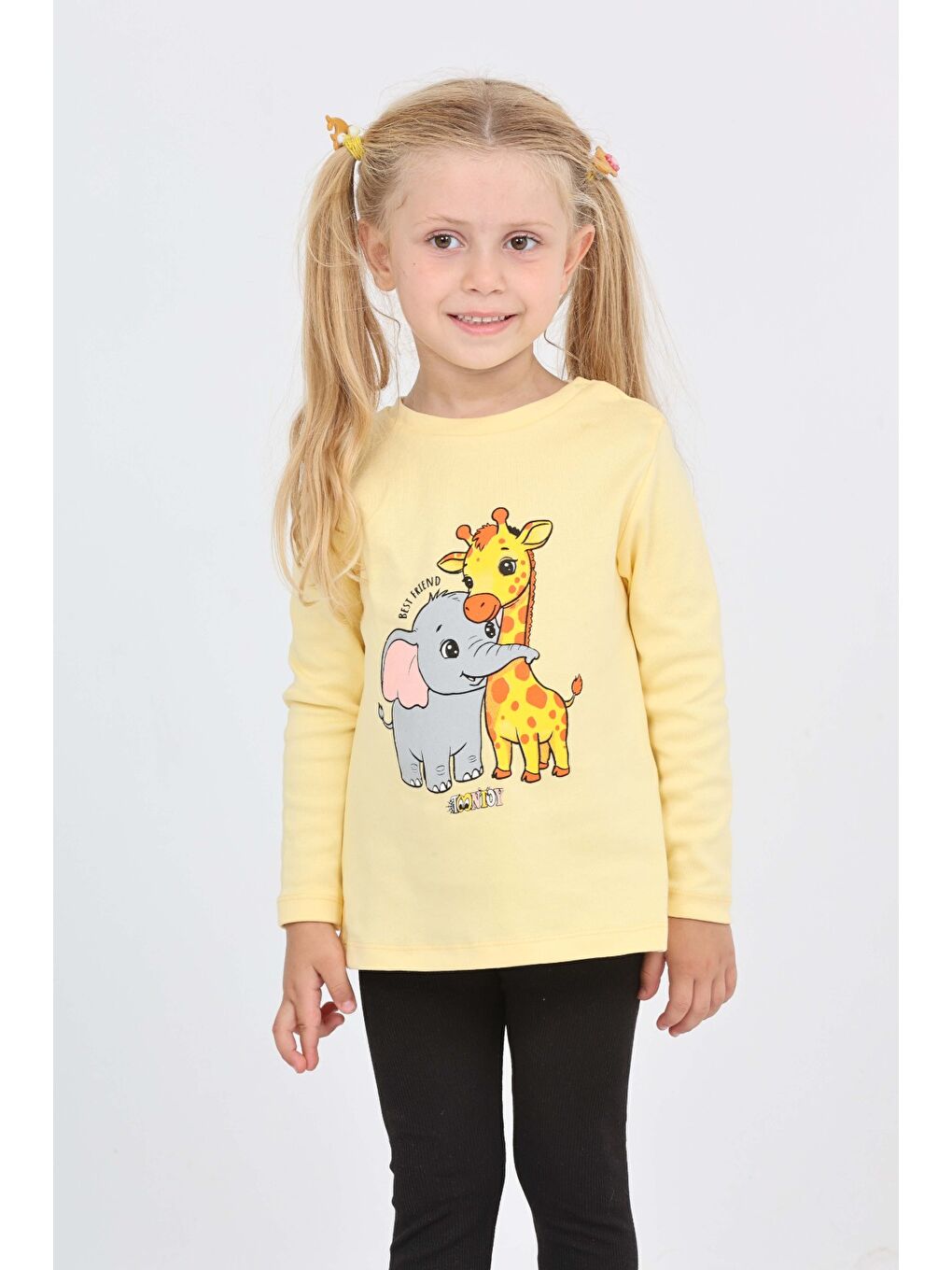 Sarı Kız Çocuk Zürafa Fil Baskılı Sweatshirt-2