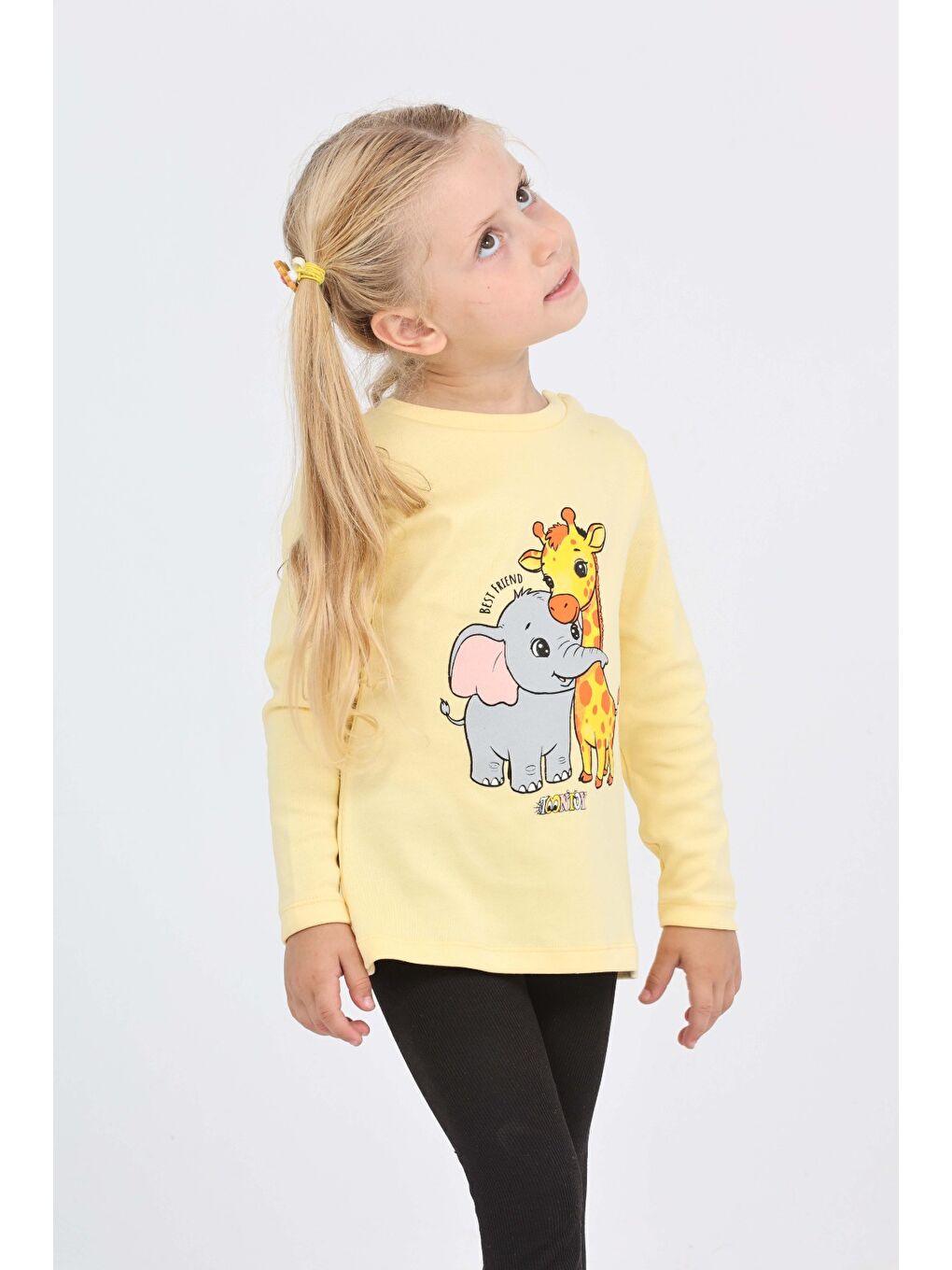 Sarı Kız Çocuk Zürafa Fil Baskılı Sweatshirt-4