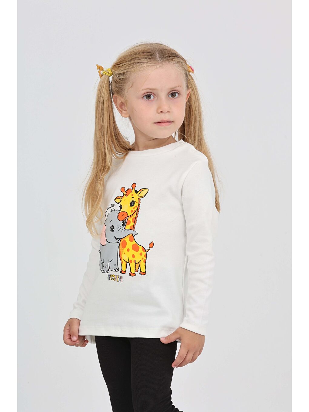 Ekru Kız Çocuk Zürafa Fil Baskılı Sweatshirt-2