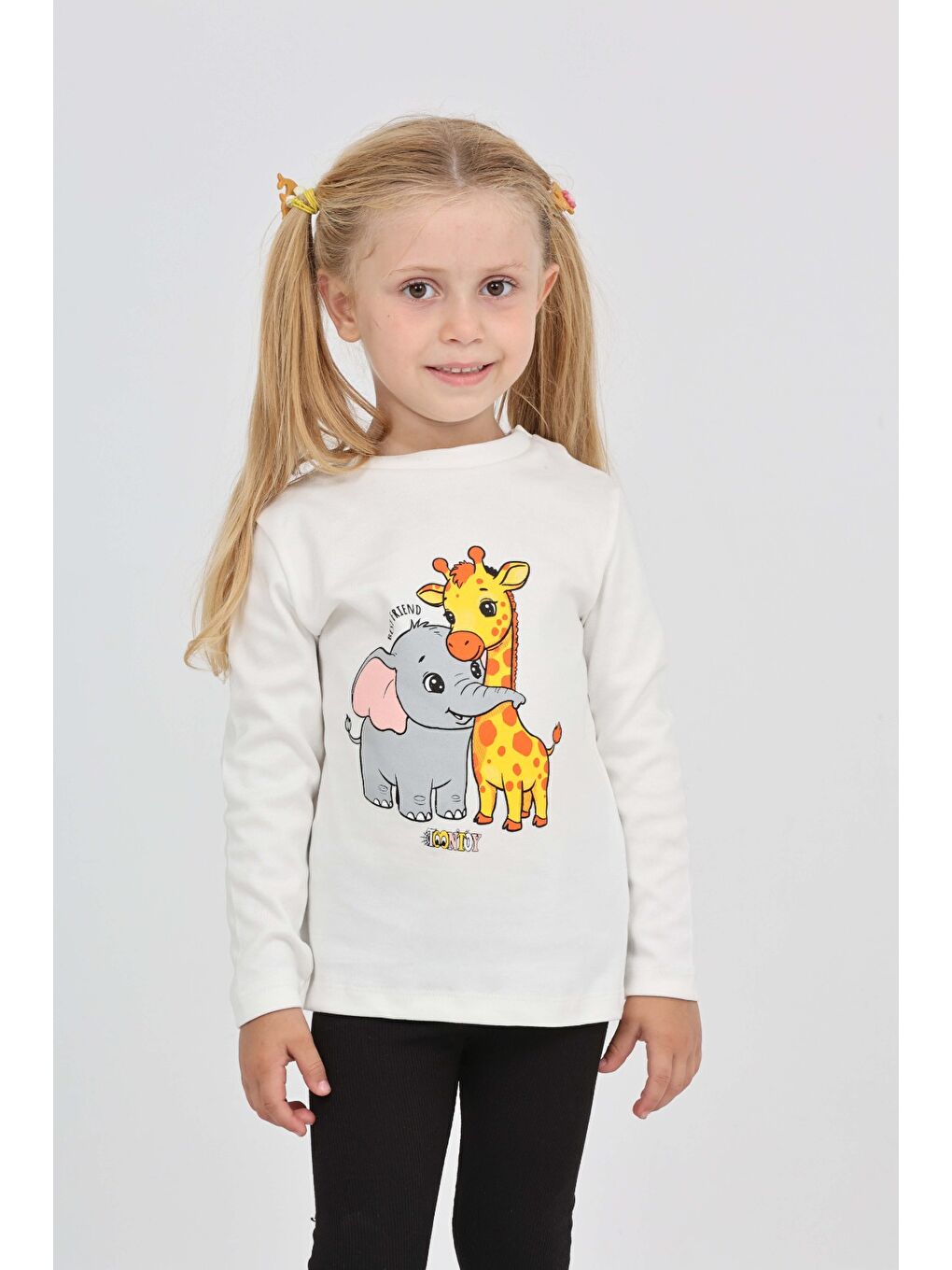 Ekru Kız Çocuk Zürafa Fil Baskılı Sweatshirt-3