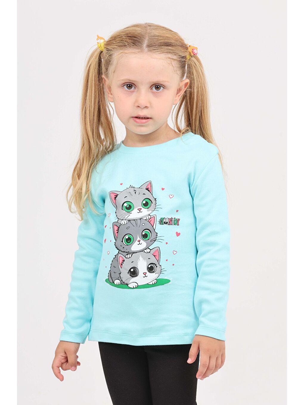 Turkuaz Kız Çocuk Üçlü Kedi Baskılı Sweatshirt