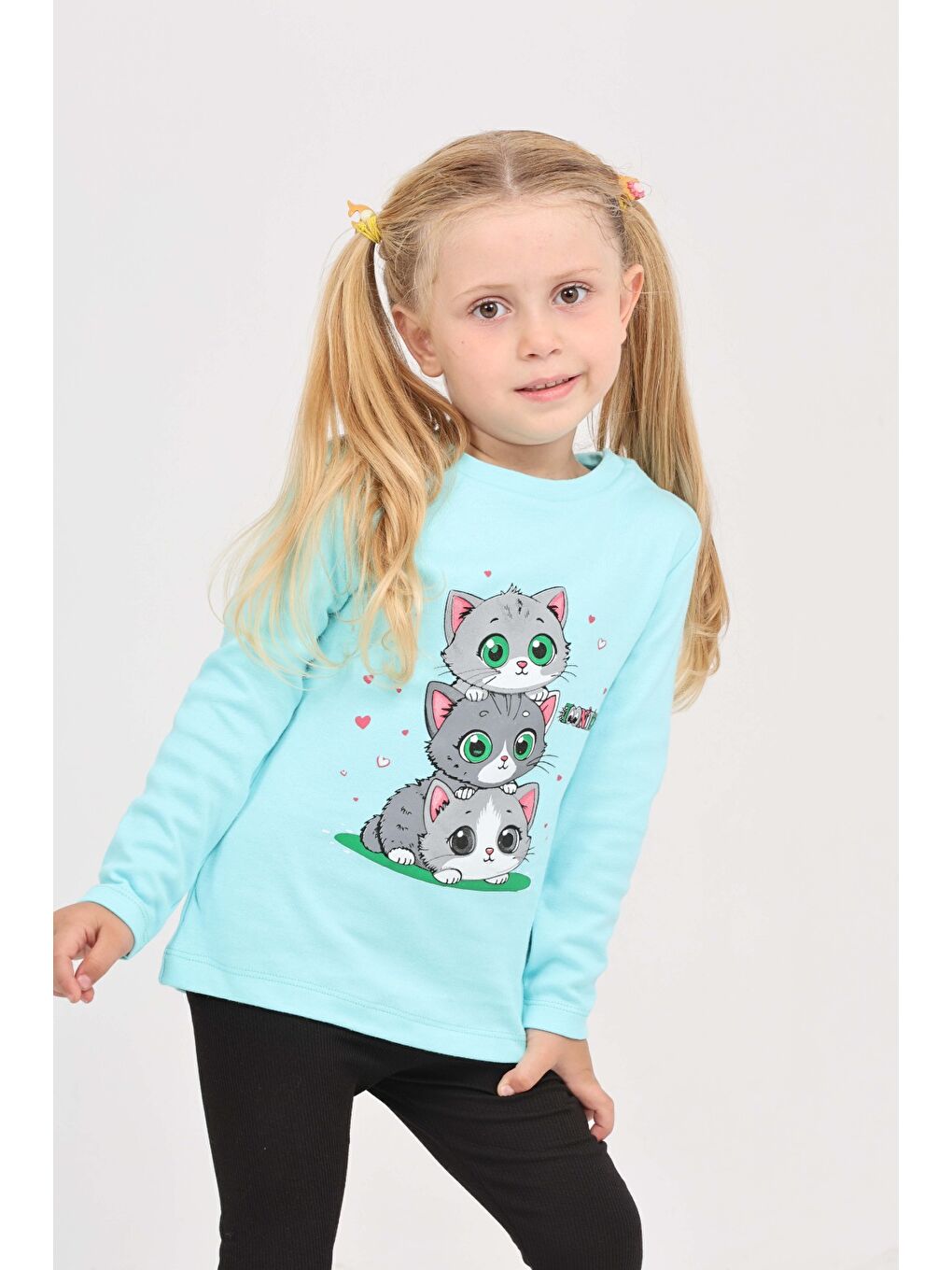 Turkuaz Kız Çocuk Üçlü Kedi Baskılı Sweatshirt-1