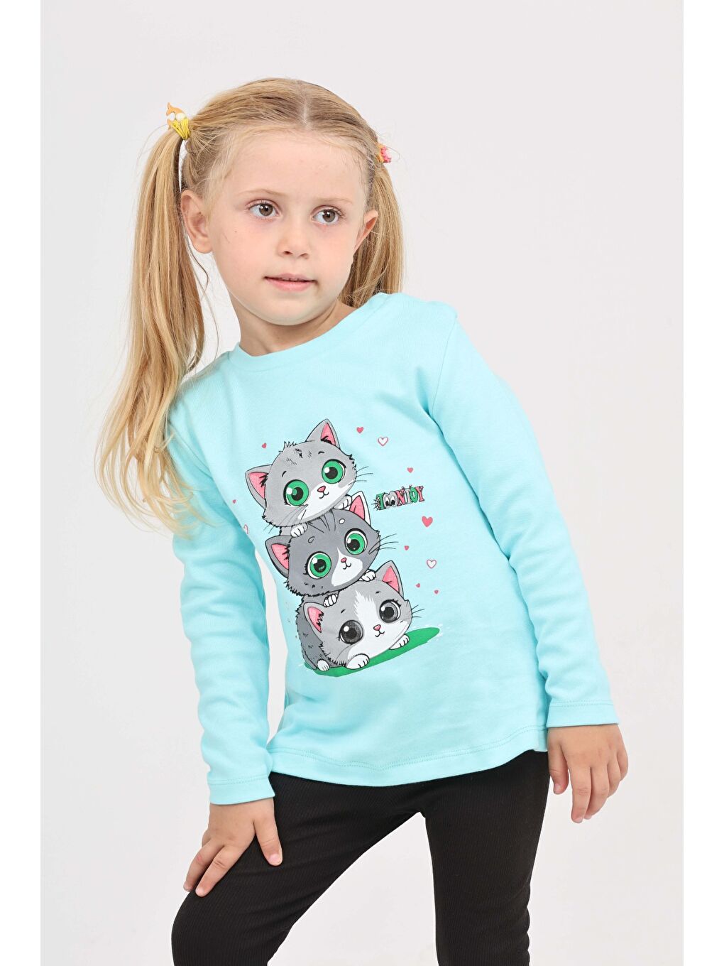Turkuaz Kız Çocuk Üçlü Kedi Baskılı Sweatshirt-2