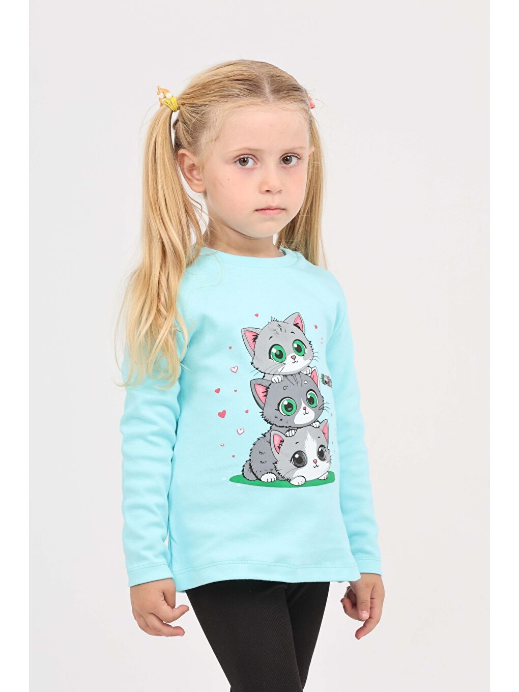 Turkuaz Kız Çocuk Üçlü Kedi Baskılı Sweatshirt-3