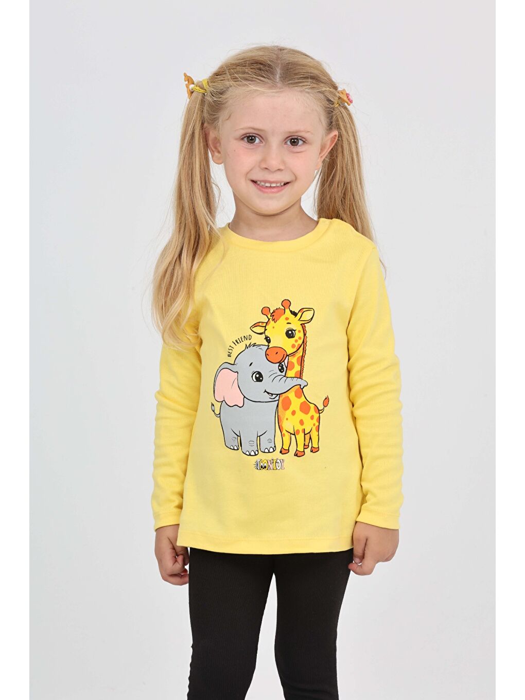 Sarı Kız Çocuk Zürafa Fil Baskılı Sweatshirt-1