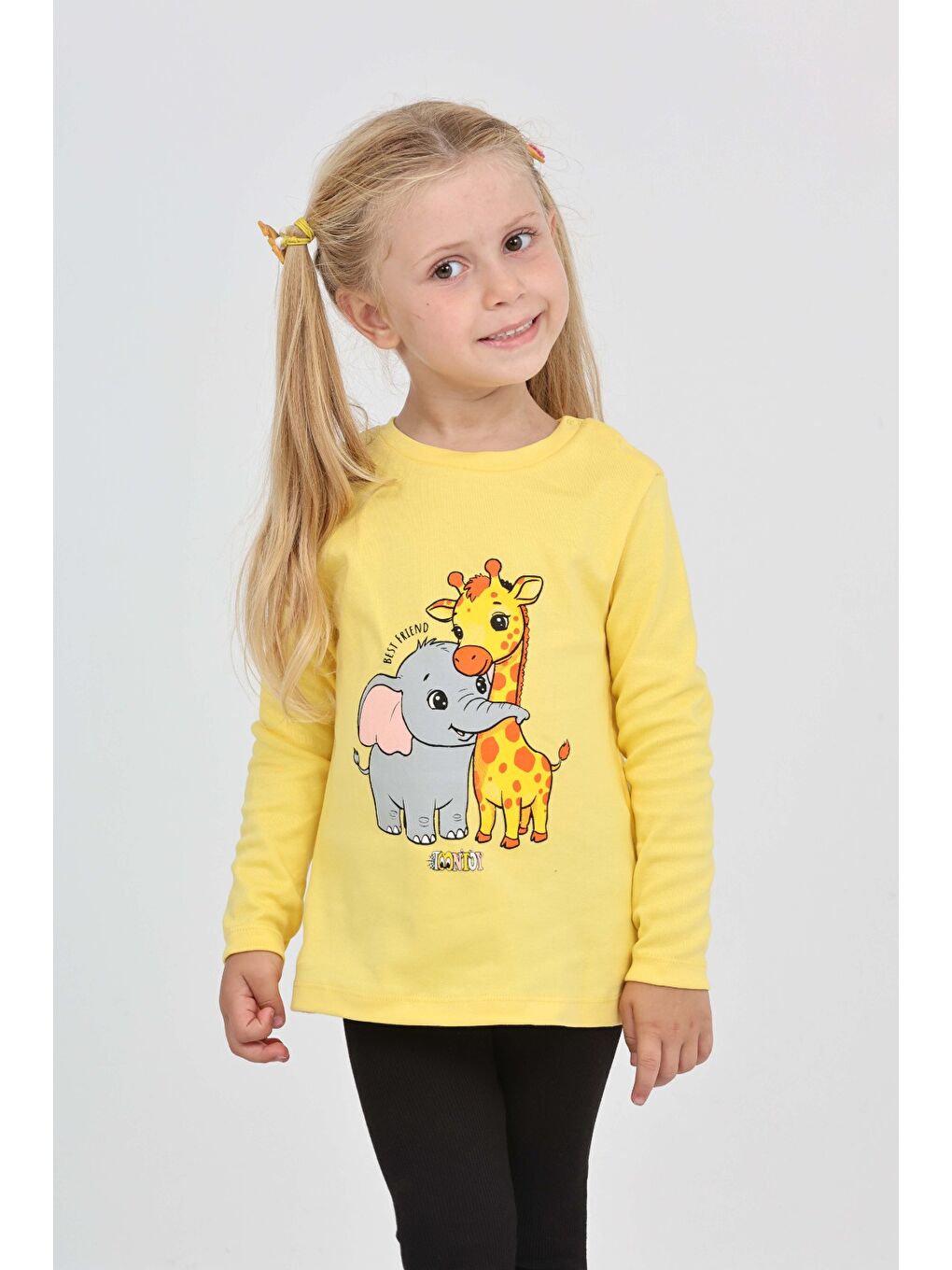 Sarı Kız Çocuk Zürafa Fil Baskılı Sweatshirt-2