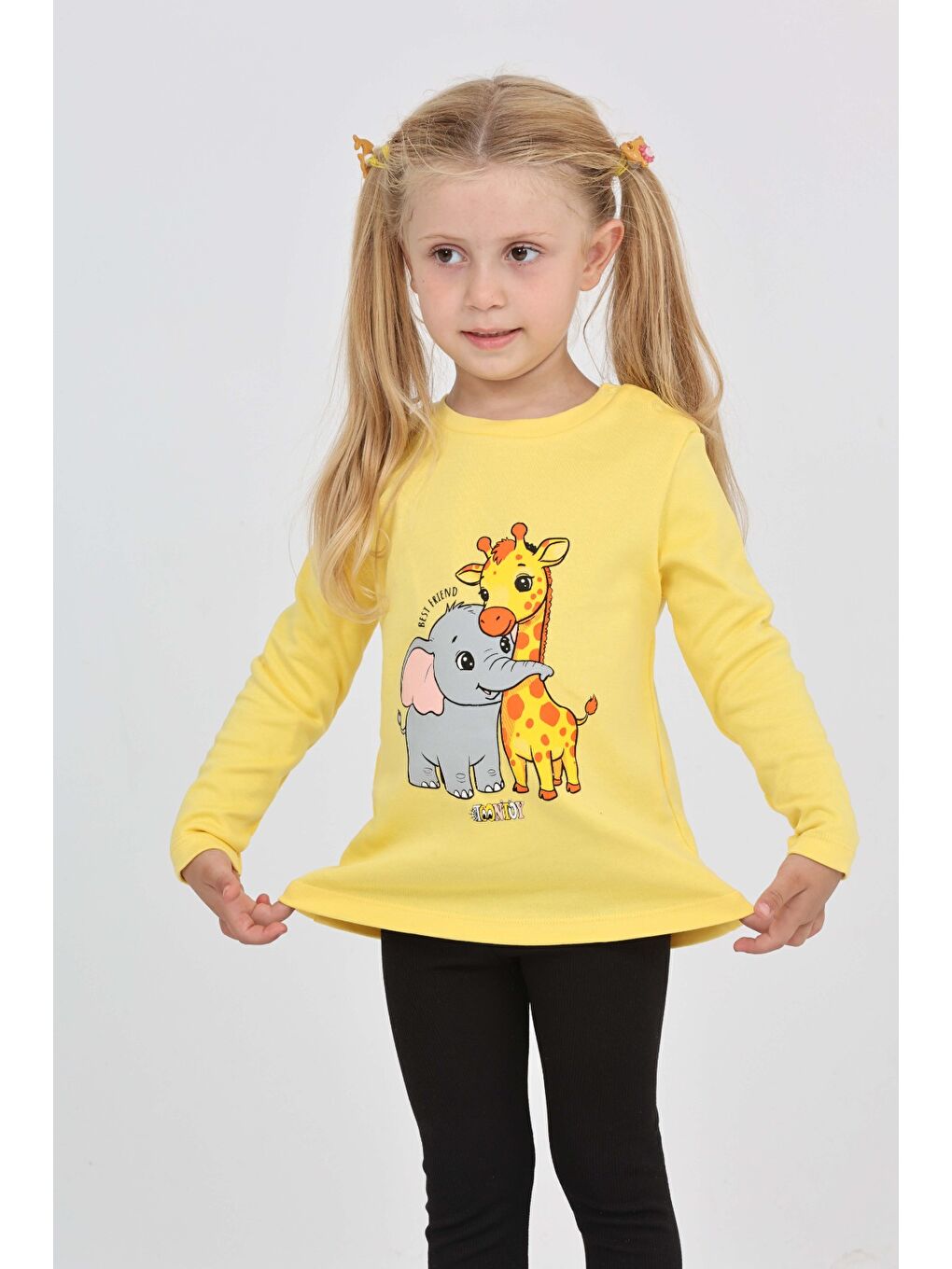Sarı Kız Çocuk Zürafa Fil Baskılı Sweatshirt-3