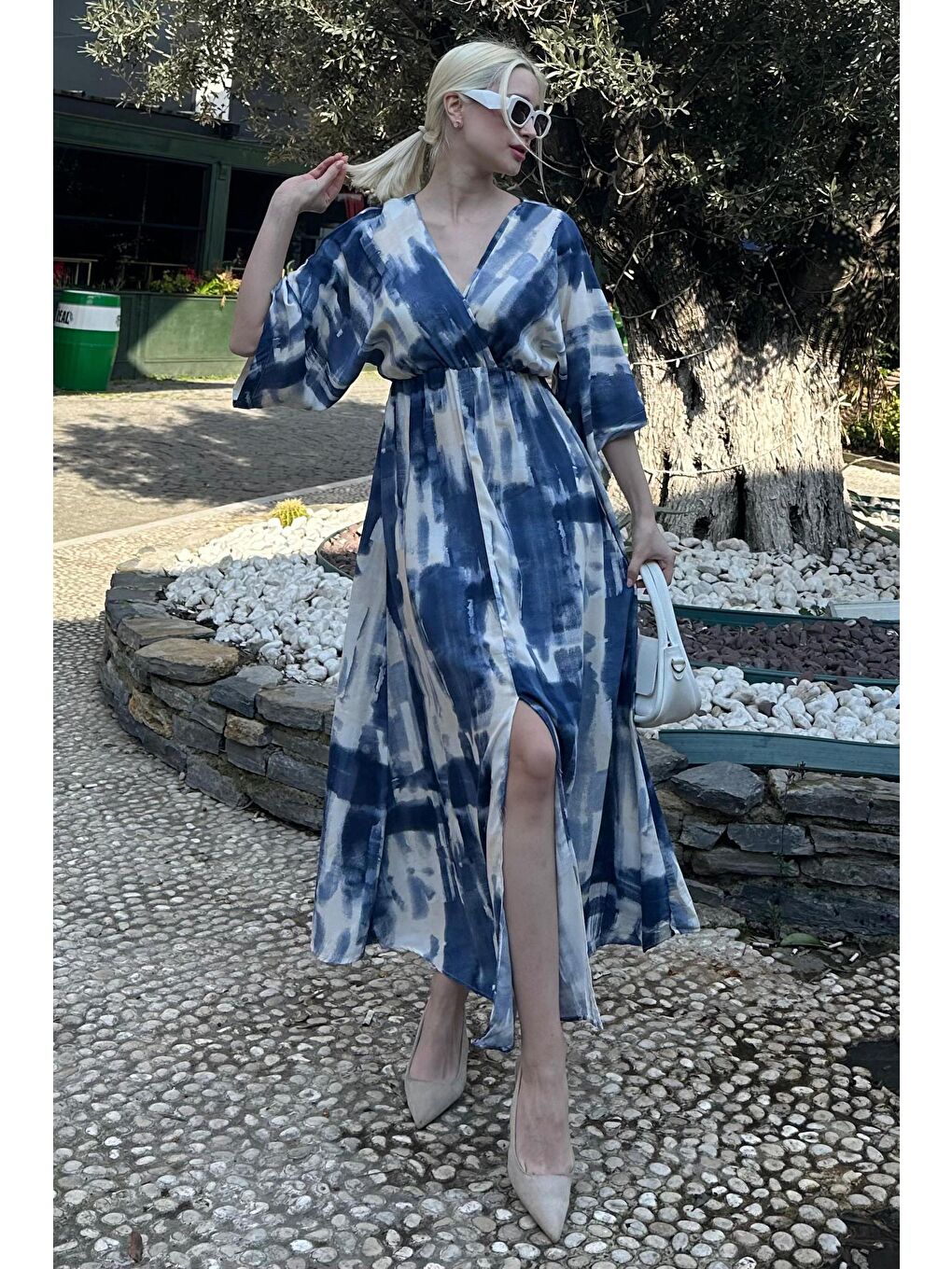 İndigo Desenli Yırtmaç Detaylı Uzun Elbise Mg2323-2