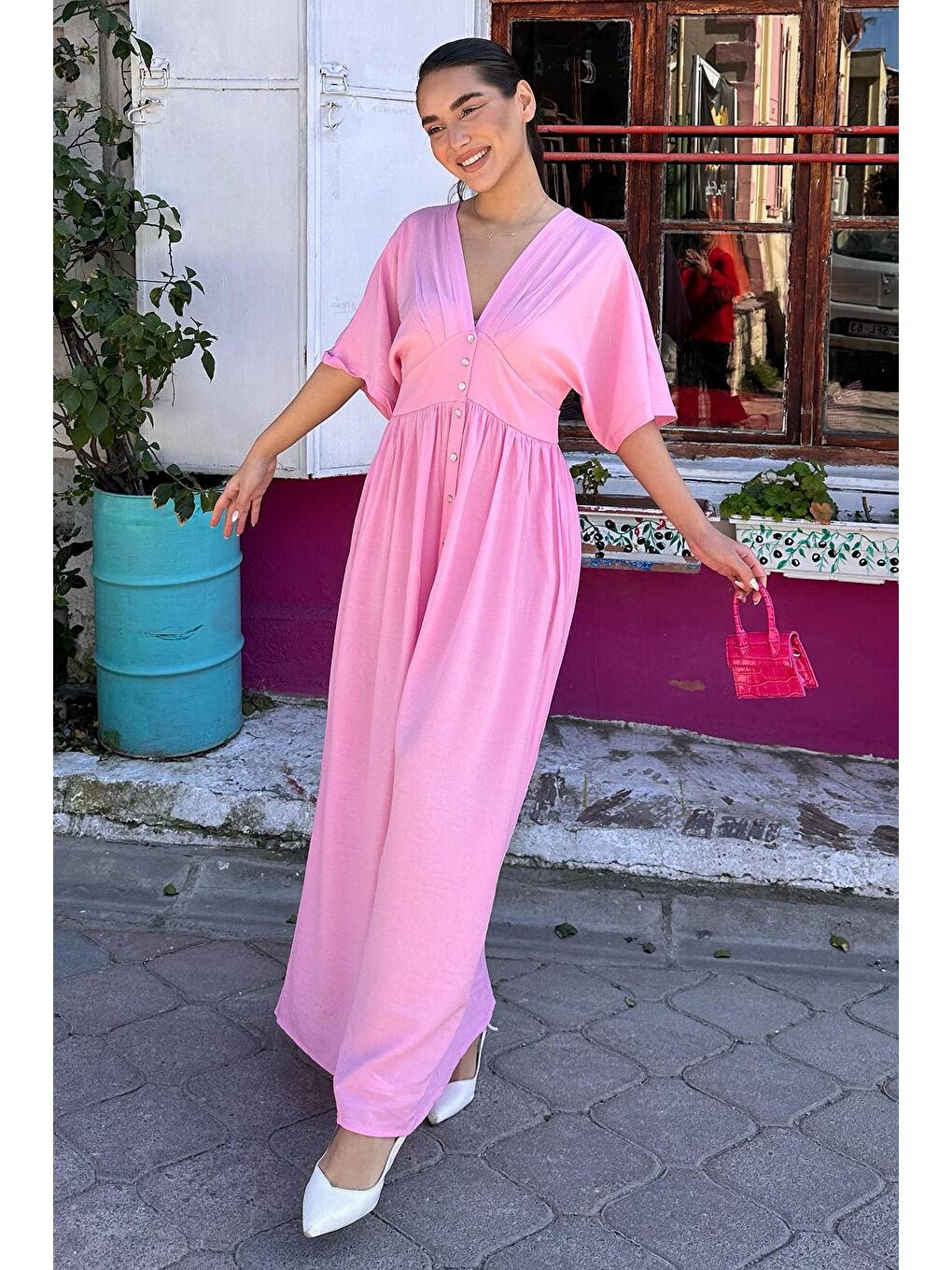 Pembe V Yaka Düğmeli Elbise Mg2339-6