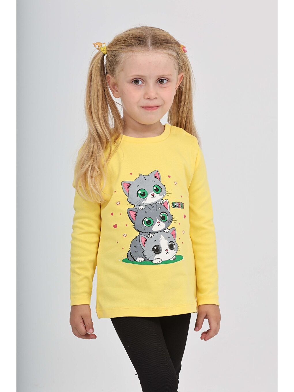 Sarı Kız Çocuk Üçlü Kedi Baskılı Sweatshirt-1