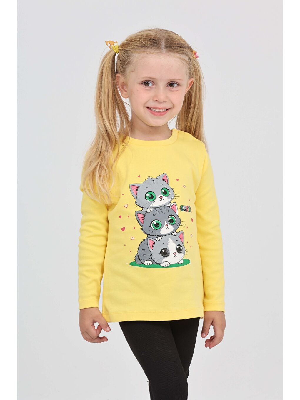 Sarı Kız Çocuk Üçlü Kedi Baskılı Sweatshirt-2
