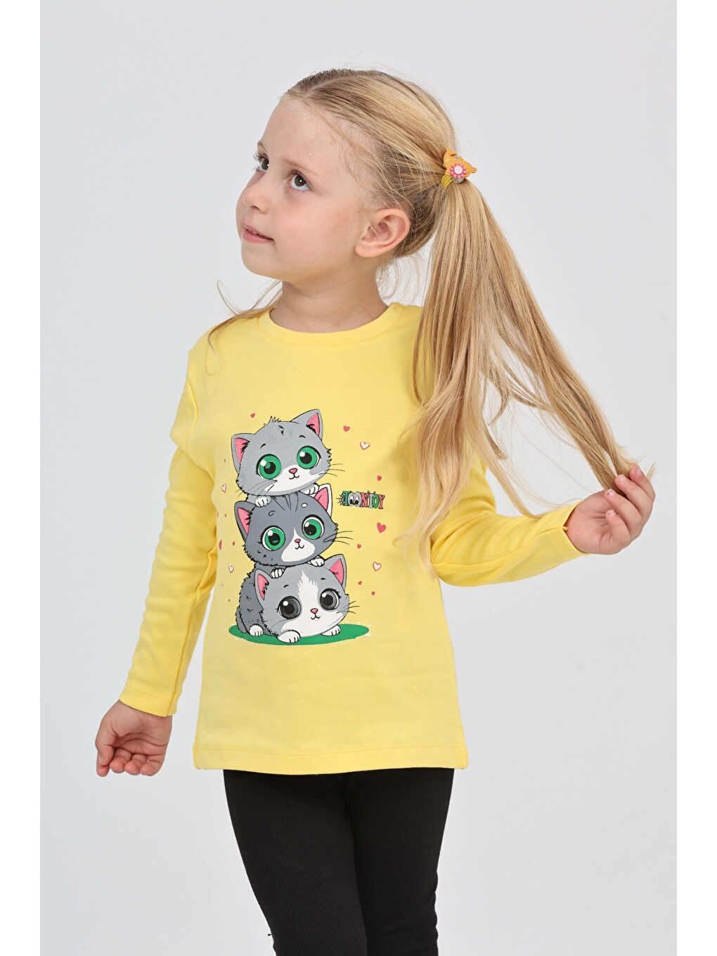 Sarı Kız Çocuk Üçlü Kedi Baskılı Sweatshirt-3