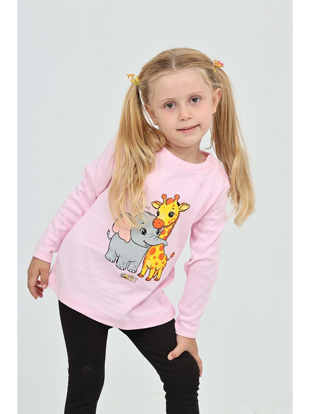 Pembe Kız Çocuk Zürafa Fil Baskılı Sweatshirt-1