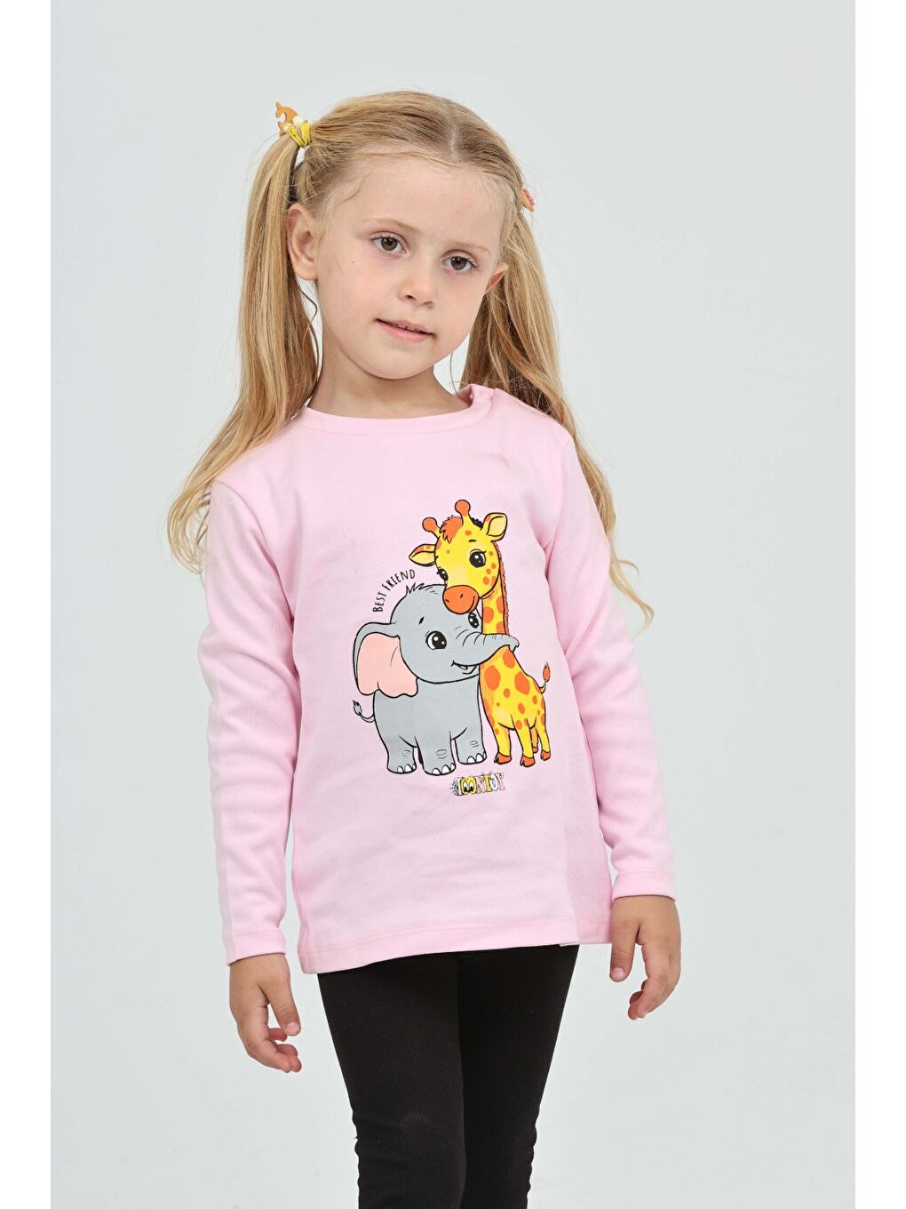 Pembe Kız Çocuk Zürafa Fil Baskılı Sweatshirt-2