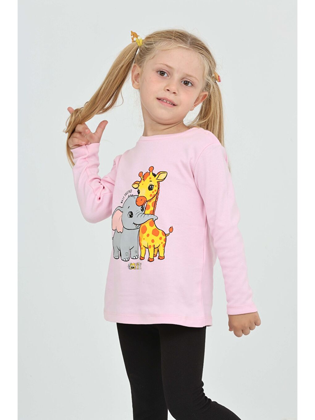 Pembe Kız Çocuk Zürafa Fil Baskılı Sweatshirt-4