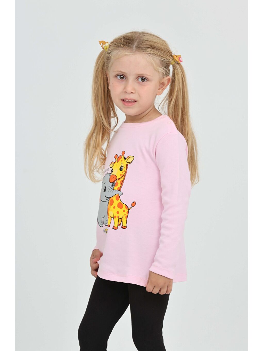 Pembe Kız Çocuk Zürafa Fil Baskılı Sweatshirt-5