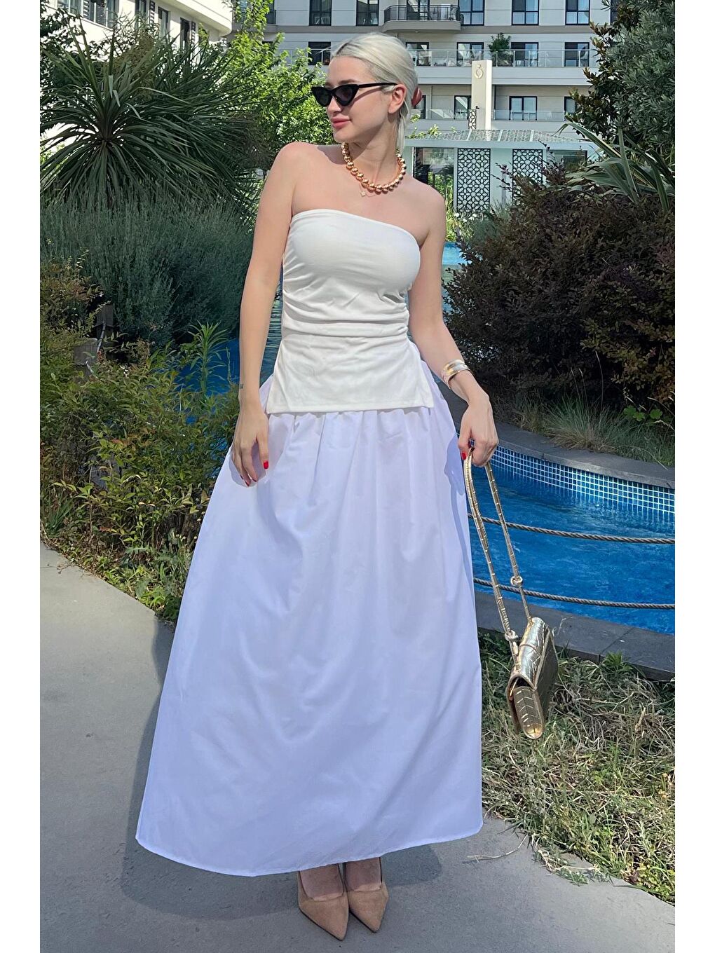 Beyaz Basic Beli Lastikli Astarlı Cep Detaylı Midi Etek Mg2154