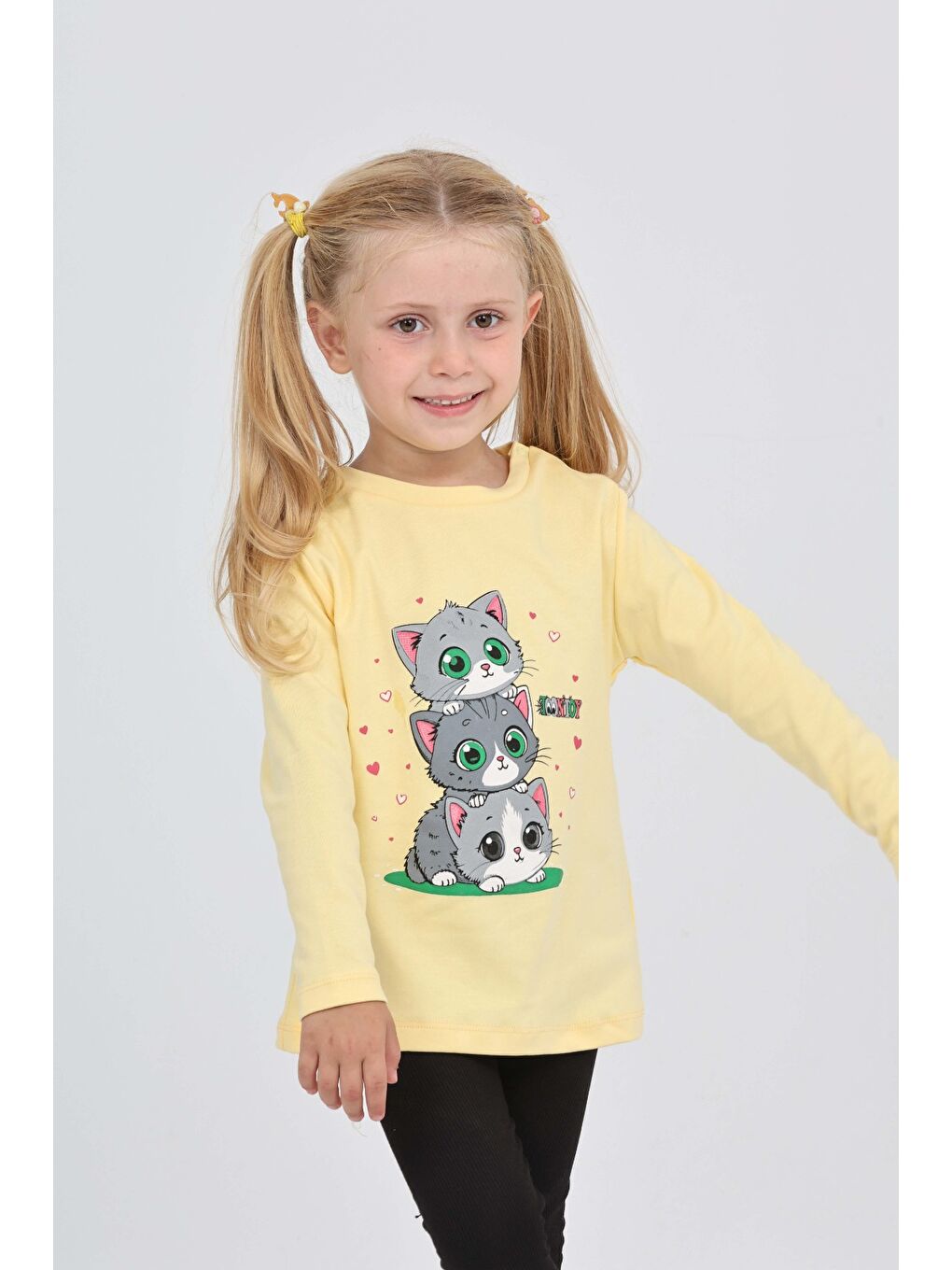 Sarı Kız Çocuk Üçlü Kedi Baskılı Sweatshirt-1