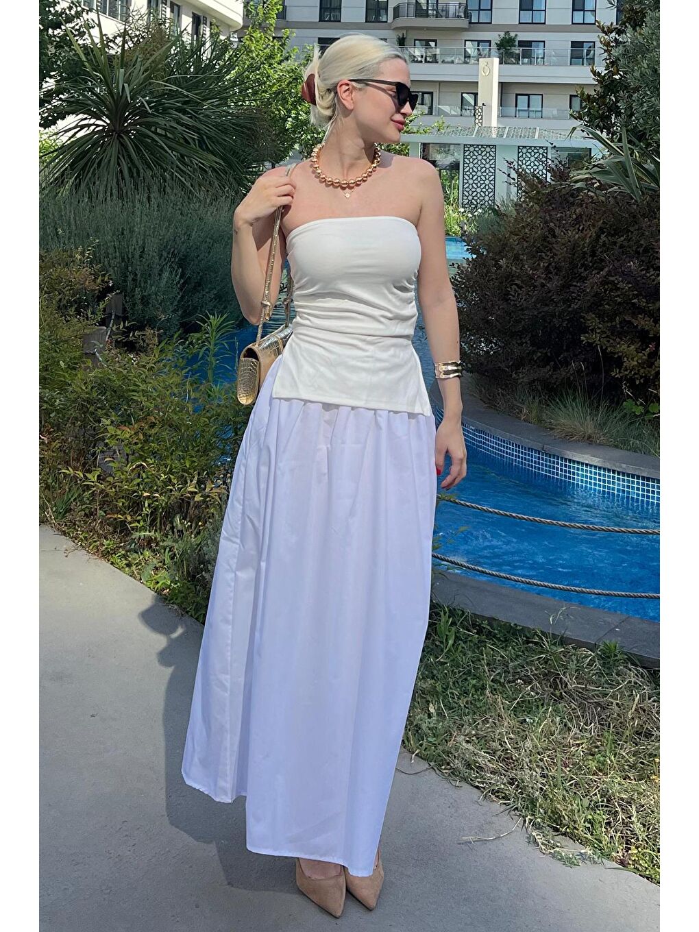 Beyaz Basic Beli Lastikli Astarlı Cep Detaylı Midi Etek Mg2154-1