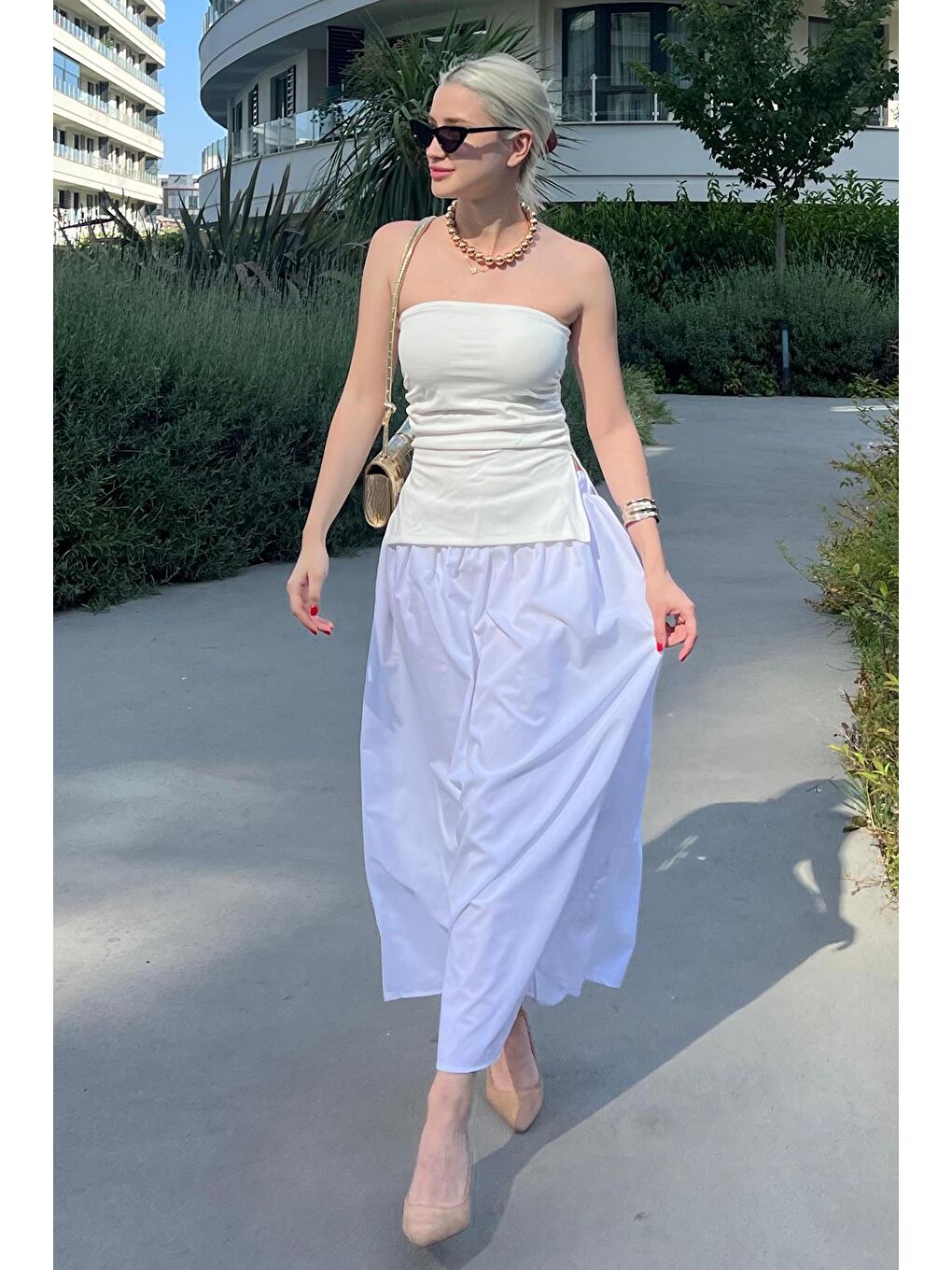 Beyaz Basic Beli Lastikli Astarlı Cep Detaylı Midi Etek Mg2154-2