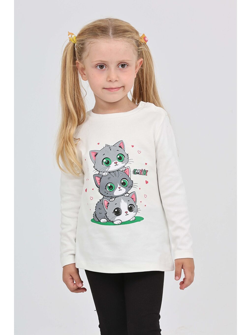 Ekru Kız Çocuk Üçlü Kedi Baskılı Sweatshirt