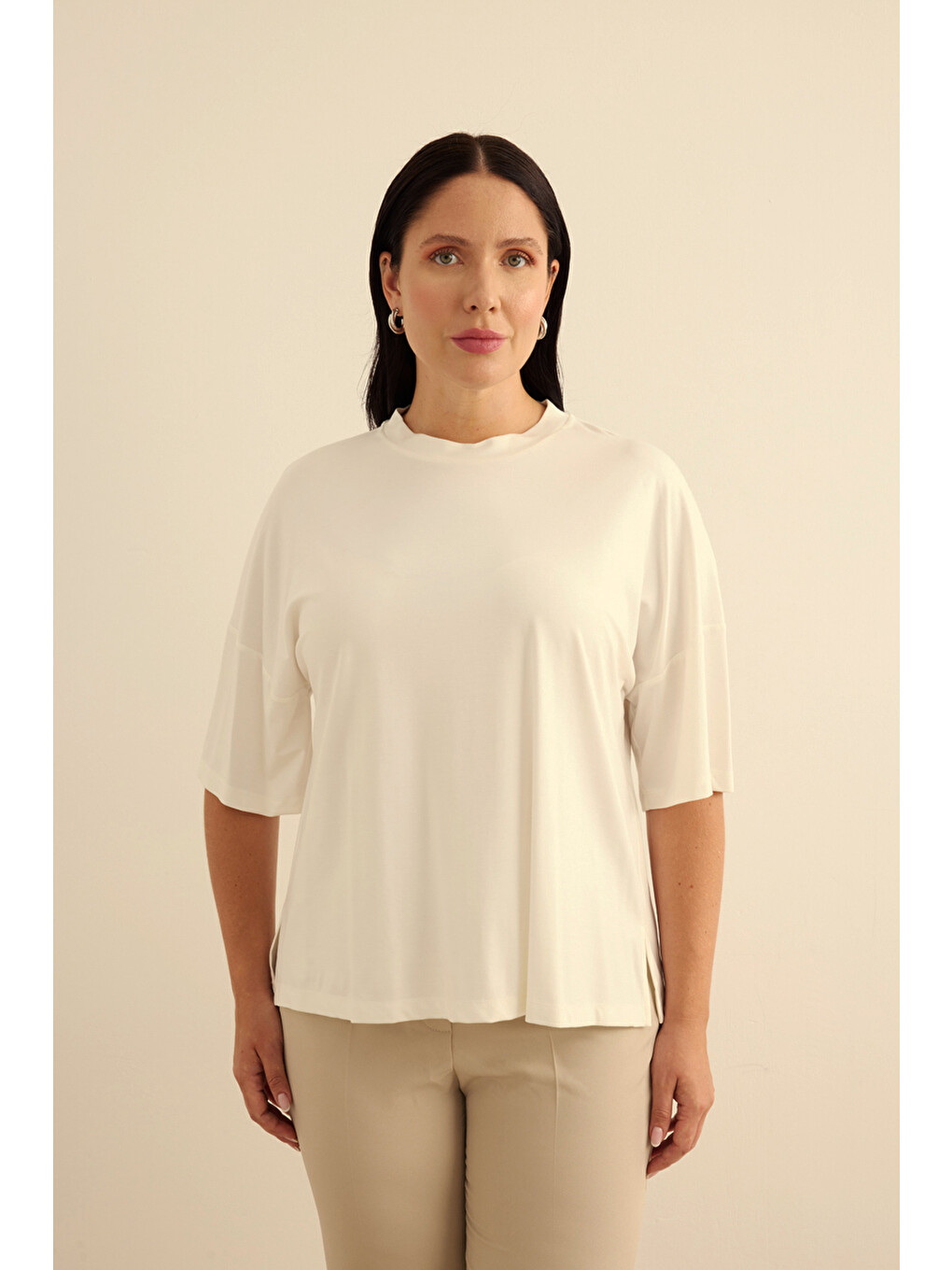 Ekru Basic Rayon T-shırt-1