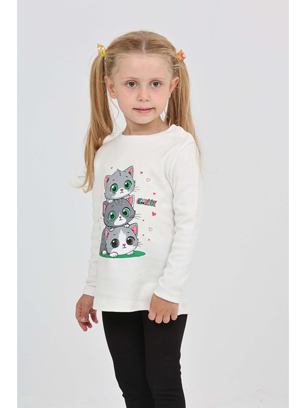Ekru Kız Çocuk Üçlü Kedi Baskılı Sweatshirt-1