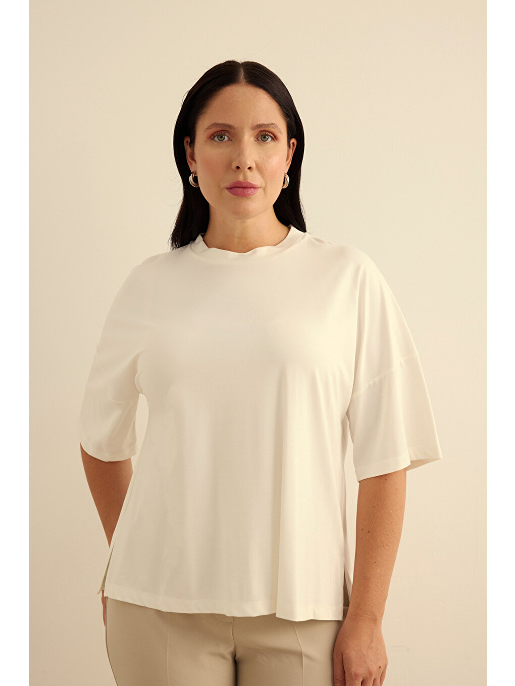 Ekru Basic Rayon T-shırt-2