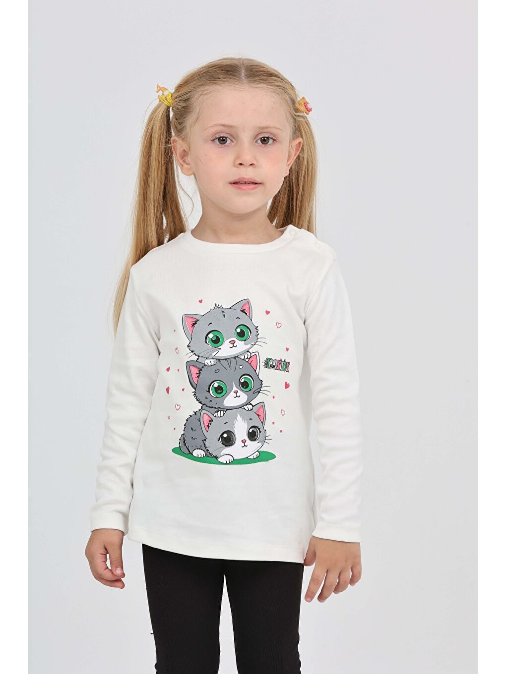 Ekru Kız Çocuk Üçlü Kedi Baskılı Sweatshirt-2